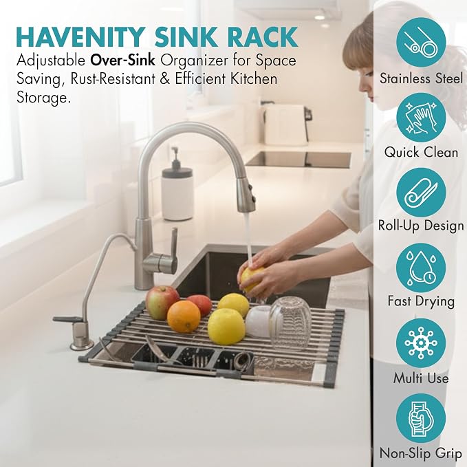 Havenity™ Expandable Roll Up Dish Drying Rack for Small Sinks - Expandable 12.8 to 22.8 Inch Over Sink Rack, Fits Apartments, RVs and Office Kitchens, Stainless Steel, 2 Baskets
