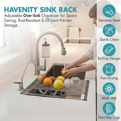 Havenity™ Expandable Roll Up Dish Drying Rack for Small Sinks - Expandable 12.8 to 22.8 Inch Over Sink Rack, Fits Apartments, RVs and Office Kitchens, Stainless Steel, 2 Baskets
