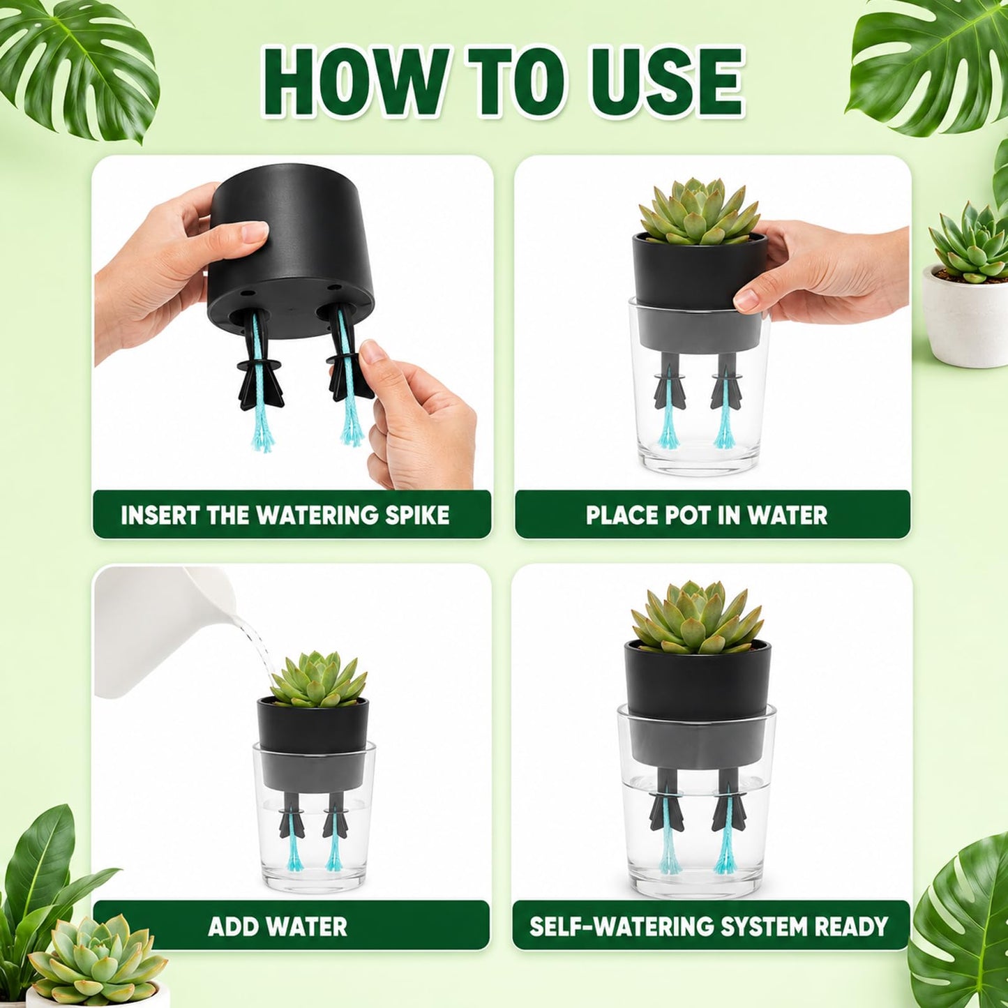 JFBNXB Self Watering Spikes for Indoor Plants, Automatic Plant Watering System for Vacation Care and Office Maintenance, 13-Piece Set with 12 Spikes and Absorbent Cotton Rope
