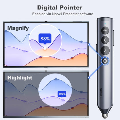 Norwii N10 Bluetooth Presentation Remote with Stylus Pen for Touch Screen, Advanced Digital Highlighting Presenter Clicker, 50M Range Metal Shell