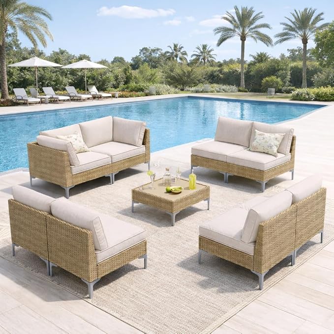 9-Piece Patio Furniture Set, Outdoor Wicker Sectional Sofa