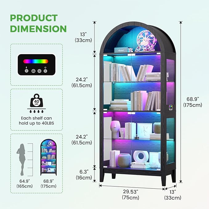 HNEBC Arched Display Case with RGB Lights, LED Curio Cabinet with Shelf
