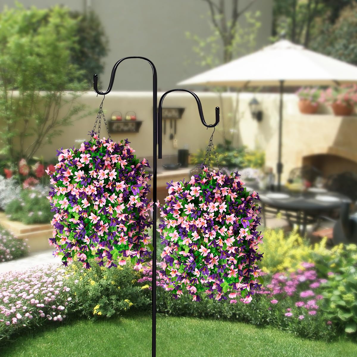 INQCMY Artificial Hanging Flowers in Basket for Outdoor Spring Summer Decoration,4pcs Faux Silk Violet in Planter UV Resistant for Outside Home Patio Garden Porch Deck Decor(Pink Purple)
