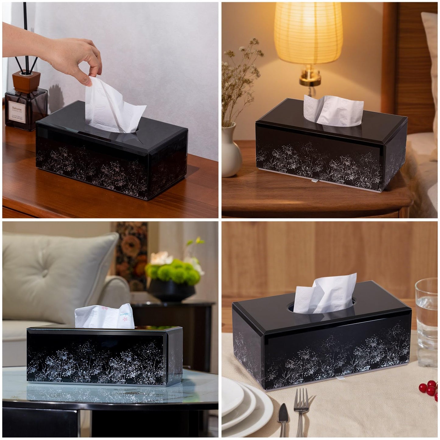 Timetrace Glass Tissue Box Cover Rectangle-Dandelion Pattern Decorative Tissue Holder with Velvet Lining for Home Decor, Bedroom, Kitchen, Office (Black)