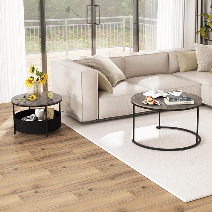 Tangkula Round Nesting Coffee Table Set of 2, Wooden Center End Table