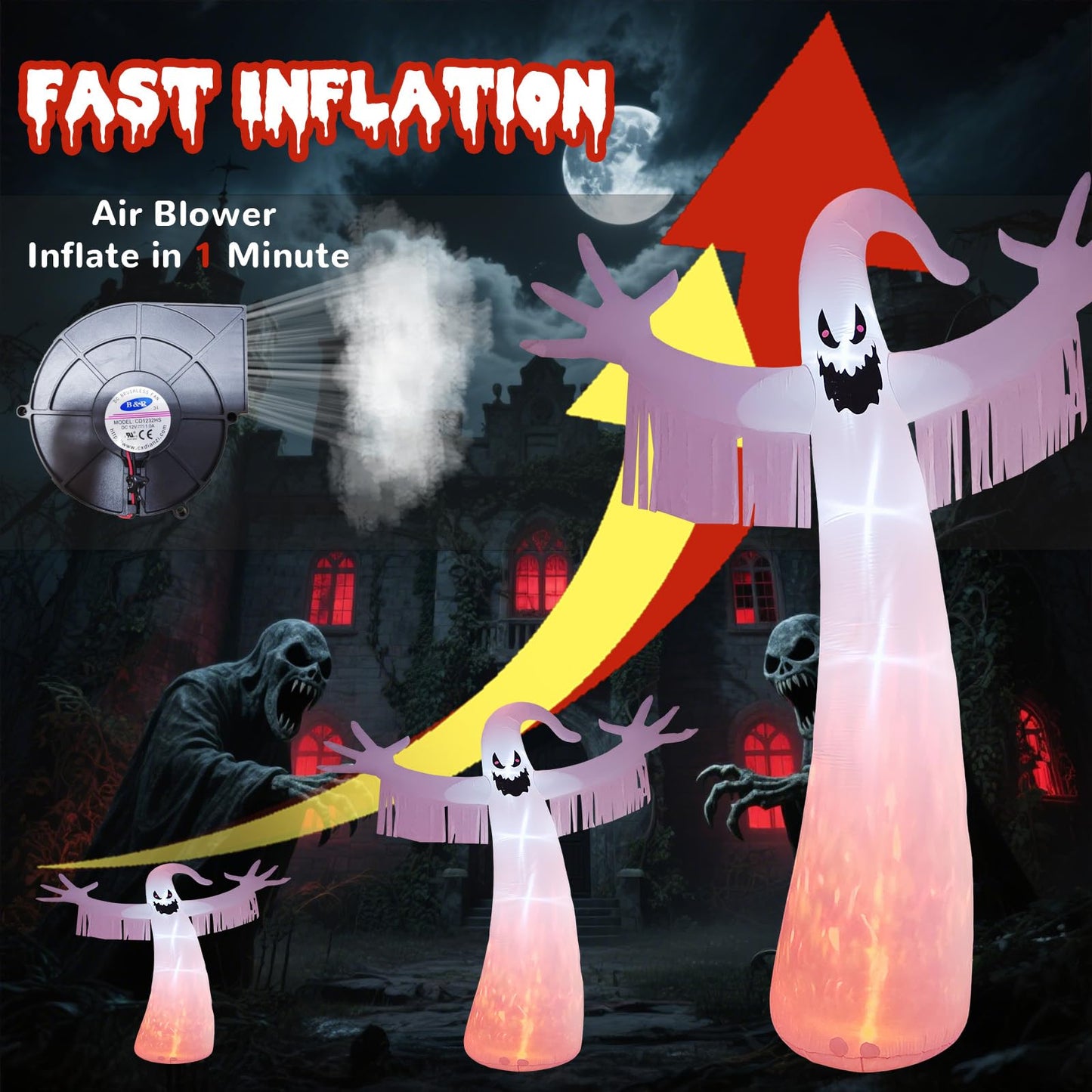 12FT Halloween Inflatables Outdoor Decorations: Inflatable Ghost with Fire Flame and Blinking Red Eyes, Blow up Decor for Yard Garden Lawn Home Holiday Party