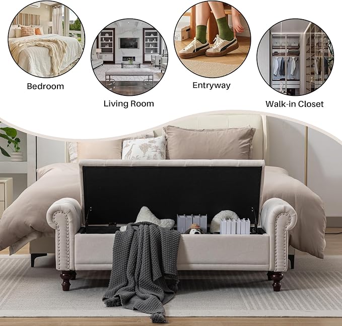 SOFTHION 58.1" Storage Bench Upholstered Linen End of Bedroom Bed Bench Ottoman