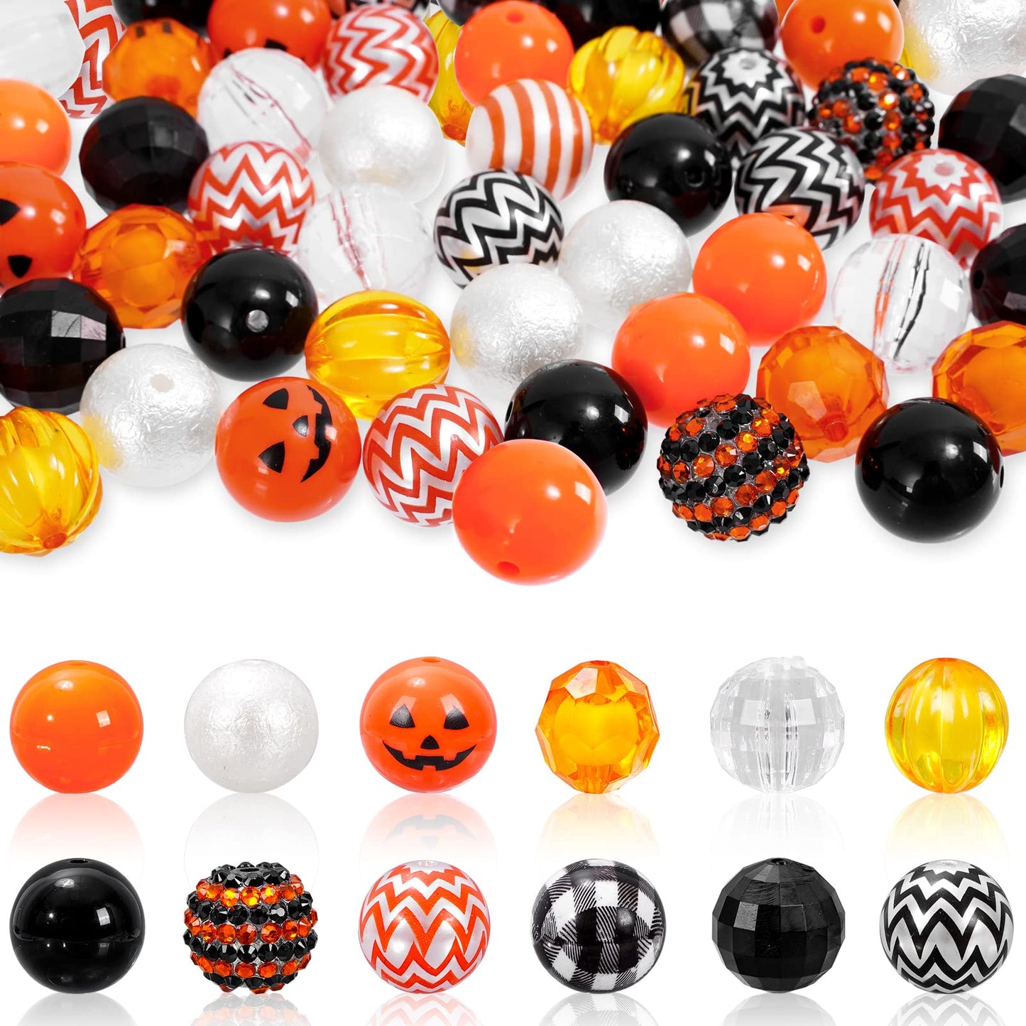 Whaline 50Pcs 20mm Halloween Beads Mixed Bubblegum Beads Set Jack-O-Lantern Spacer Bead Black Orange Chunky Jumbo Plastic Bead for Holiday Crafts Jewelry Making Boutique Craft Supplies