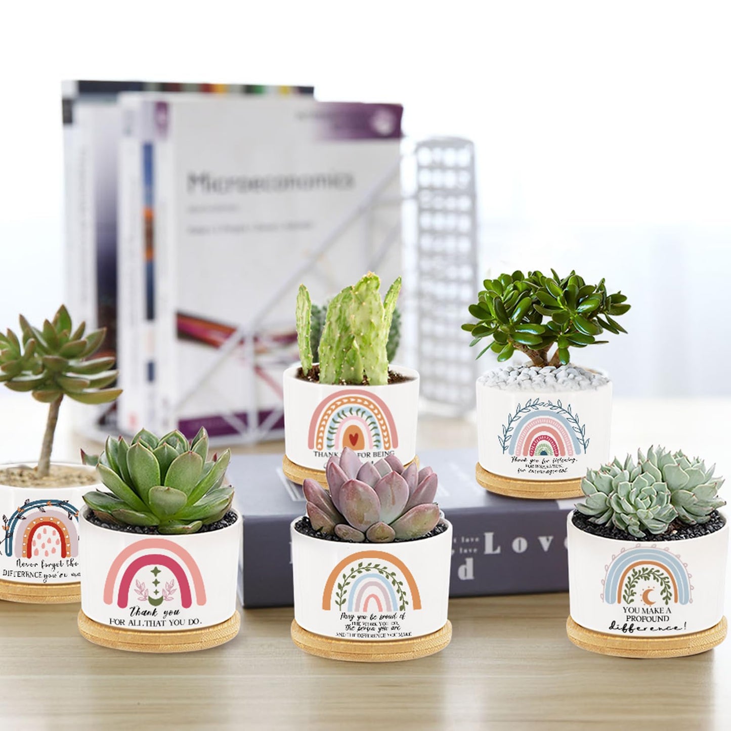 Tarklanda 6Pcs Thank You Teacher Gift Rainbow Succulent Plant Pots Mini Ceramic with Bamboo Tray Flower Pot Planters for Colleague Employee Friend Appreciation Thanksgiving, Plants Not Included