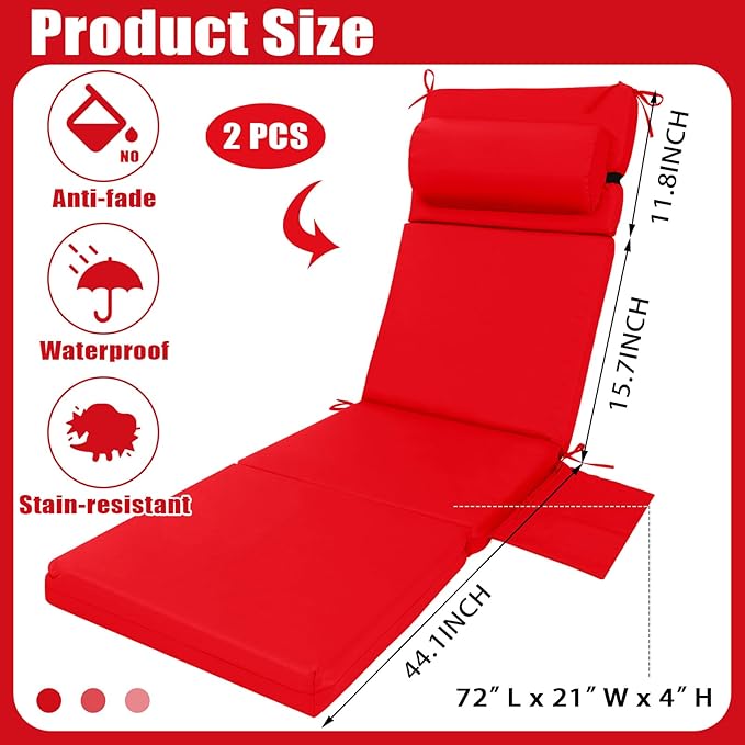 Wenqik 2 Pcs Outdoor Chaise Lounge Cushion