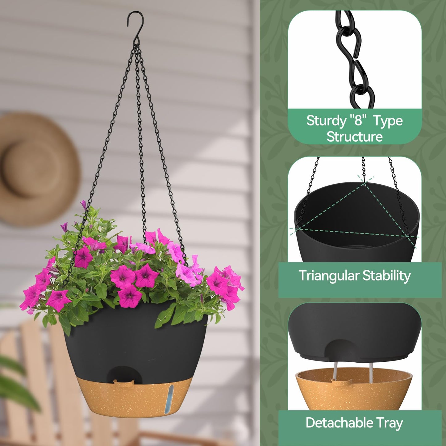 ZMTECH 12 Inch Large Self Watering Hanging Planters for Indoor Outdoor Plants - Water Level Indicator & Removable 60 Oz Reservoir, 1 Pack Plastic Hanging Basket for Window Porch Garden Balcony, Black