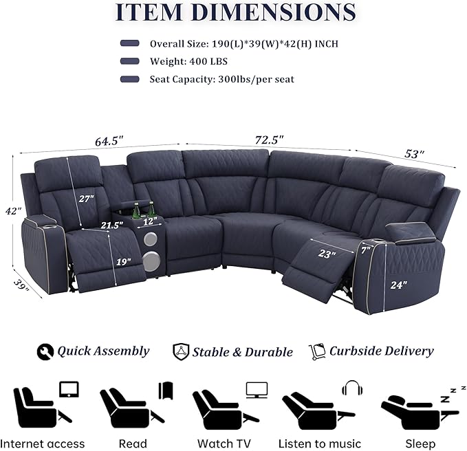 Power Recliner Sectional Sofa, L-Shaped Living Room Furniture Set, Reclining