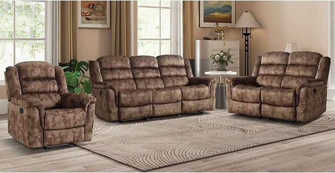 EBELLO 3 Pieces Reclining Living Room Set, Overstuffed Soft Fabric Manual