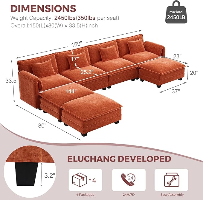 ELUCHANG Oversized 150" Modular Sectional Sofa, Comfy Cloud Couch, U Shaped