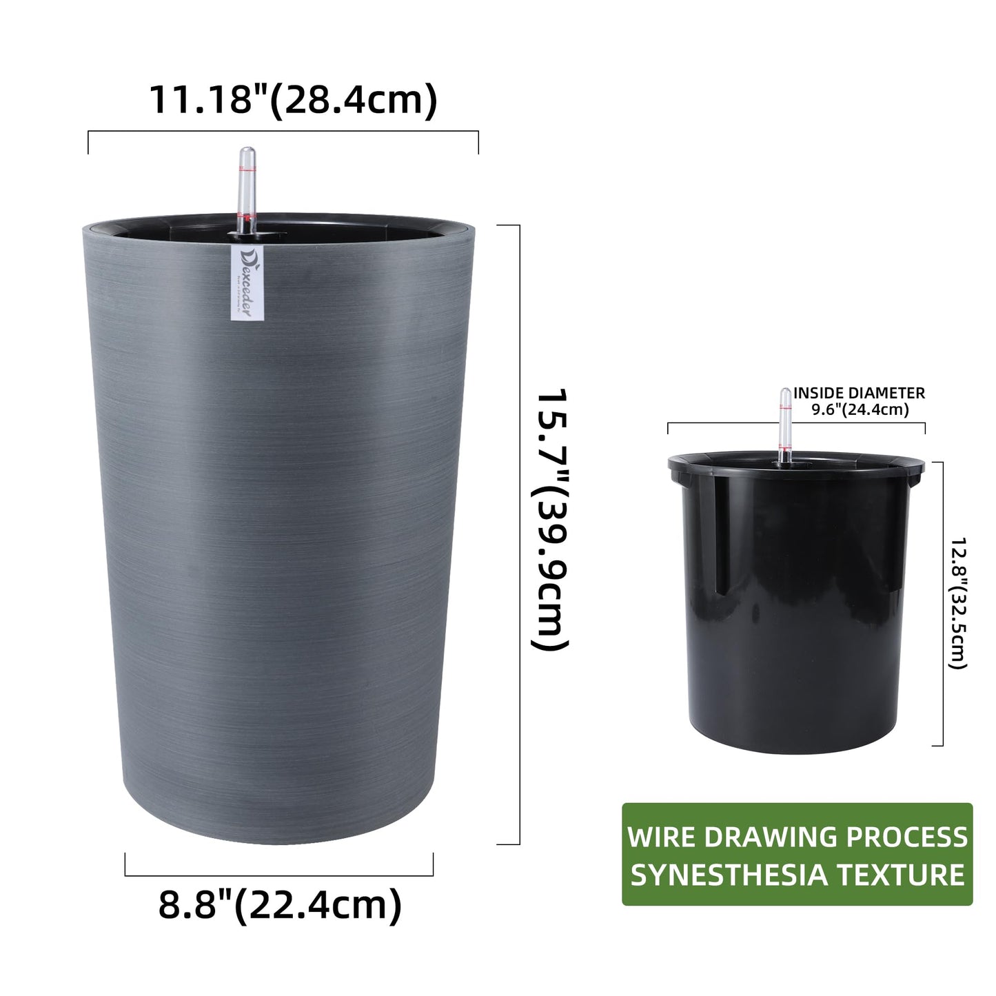 Dexceder 16x12 Tall Self Watering Planter High Cylinder Indoor Outdoor, Thickened Large Floor Standing Flower Plant Pot with Water Level Indicator (Gray, Wire Drawing)