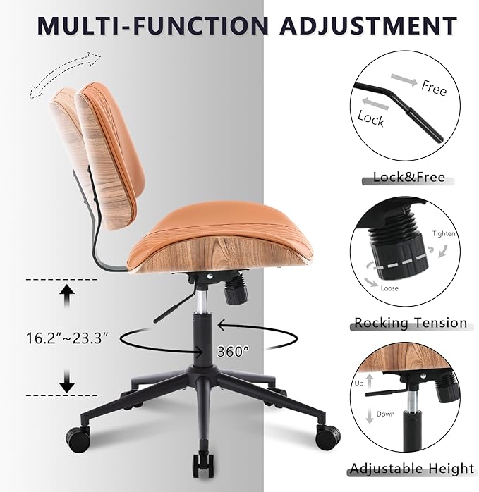 Home Office Chair No Arms with Wheels, Adjustable Height PU Leather Mid Back