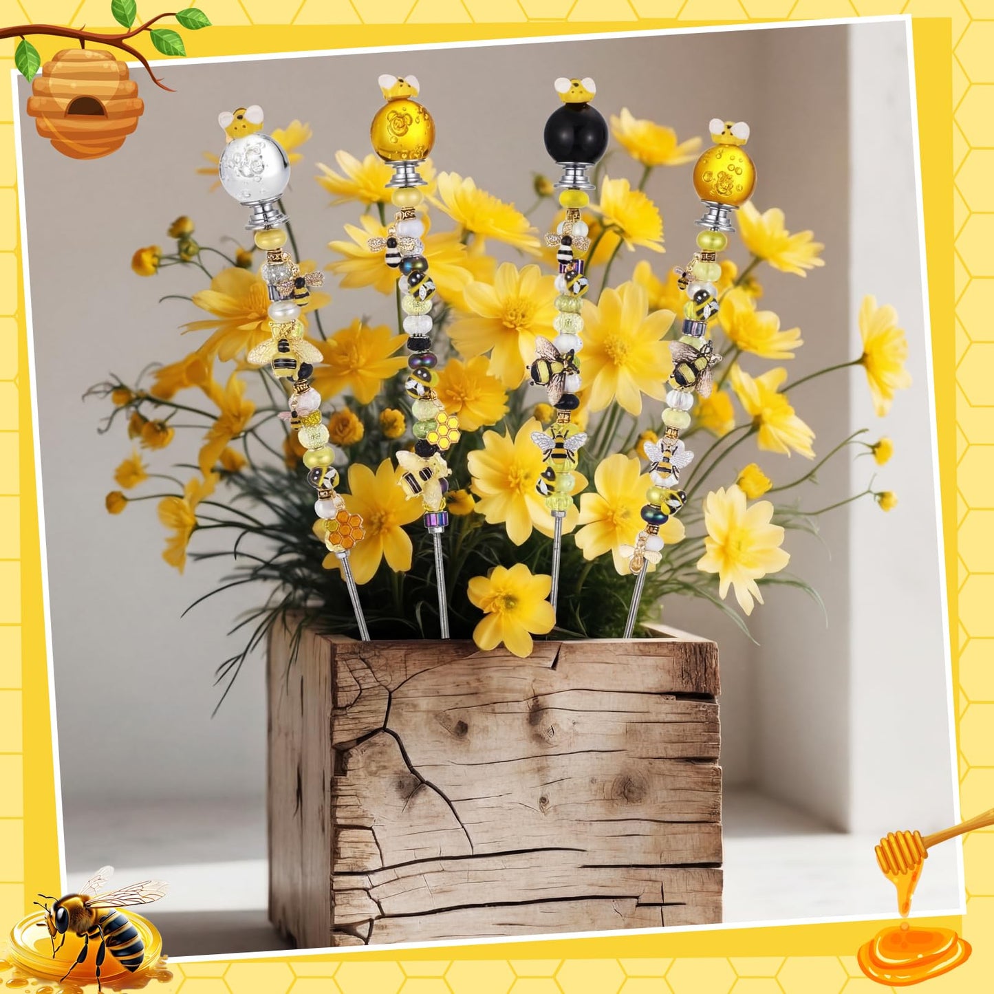 Lineshading 118 Pcs Bee Garden Stakes Wand DIY Beaded Stakes Garden Decor Includes 4 Crystal Stopper Top 10 Bee Pendant 68 Large Hole Beads 4 Threaded Rods 4 Pcs Nuts, for Craft Supply