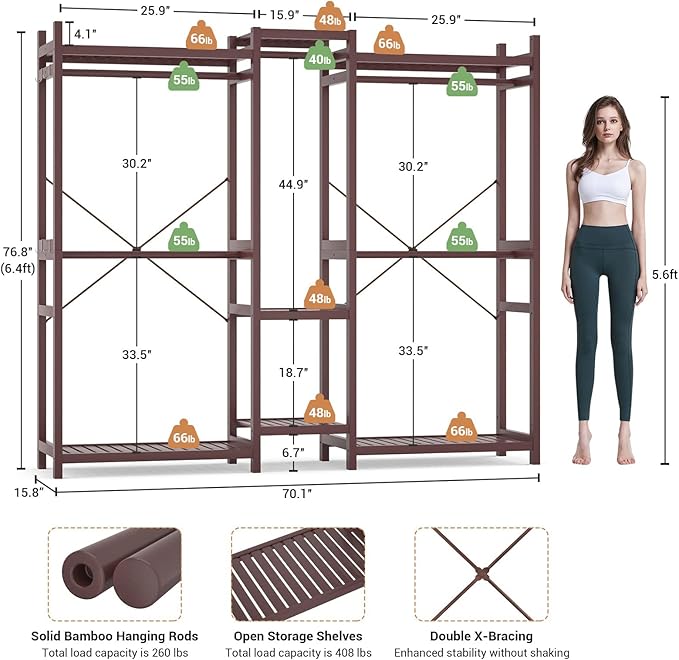 Homykic Bamboo Closet System Clothes Rack, Large Freestanding Garment Rack