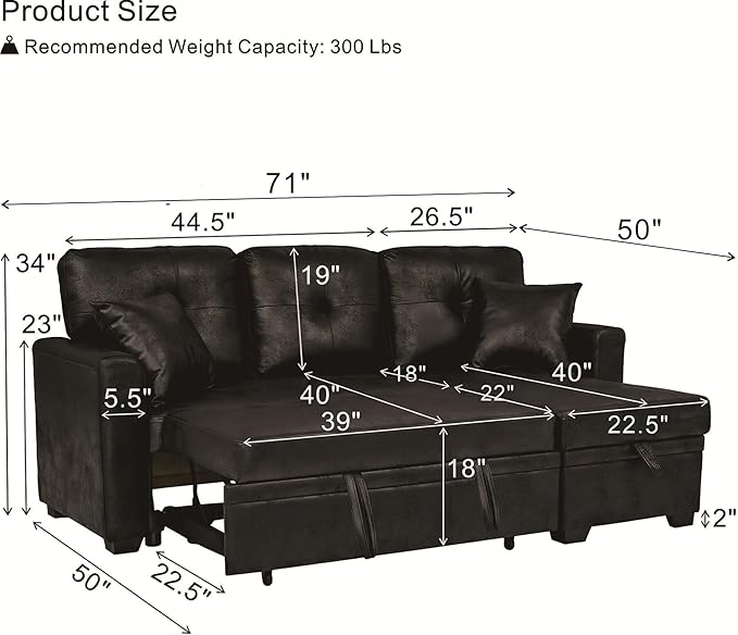 L Shaped Sectional Couch with Storage and Pull Out Bed, 3 Seater Sleeper Sofas