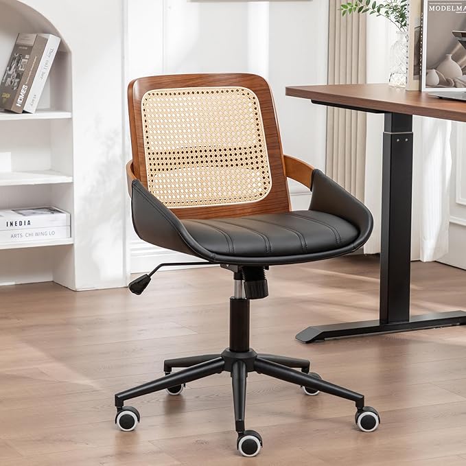 Home Office Desk Chair with Ergonomic Rattan Backrest, Walnut Crafts, Curved