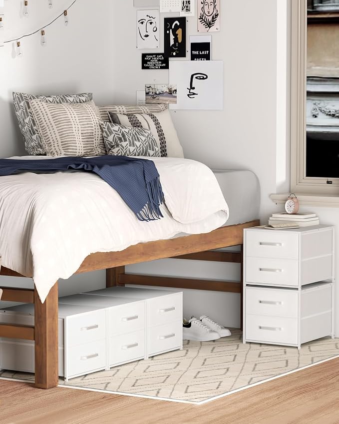 Homsorout 2 Drawers for Closet - Small Stackable Storage Organizer, Fabric Dresser Nightstand with Wooden Top & Metal Frame, Closet Drawer Organizers and Storage for Bedroom, Entryway, Dorm, White