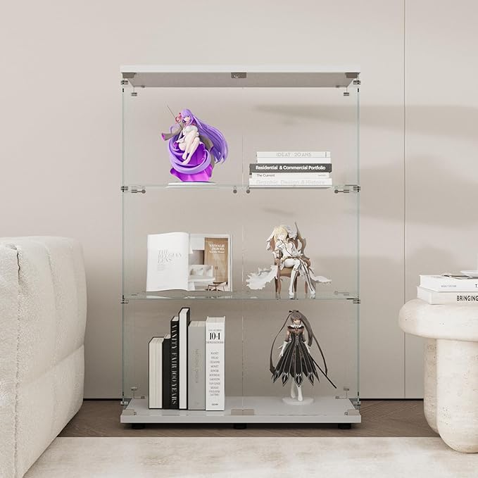 Display Cabinet with Glass Door and Lock, 3-Shelf Fast Installation Curio