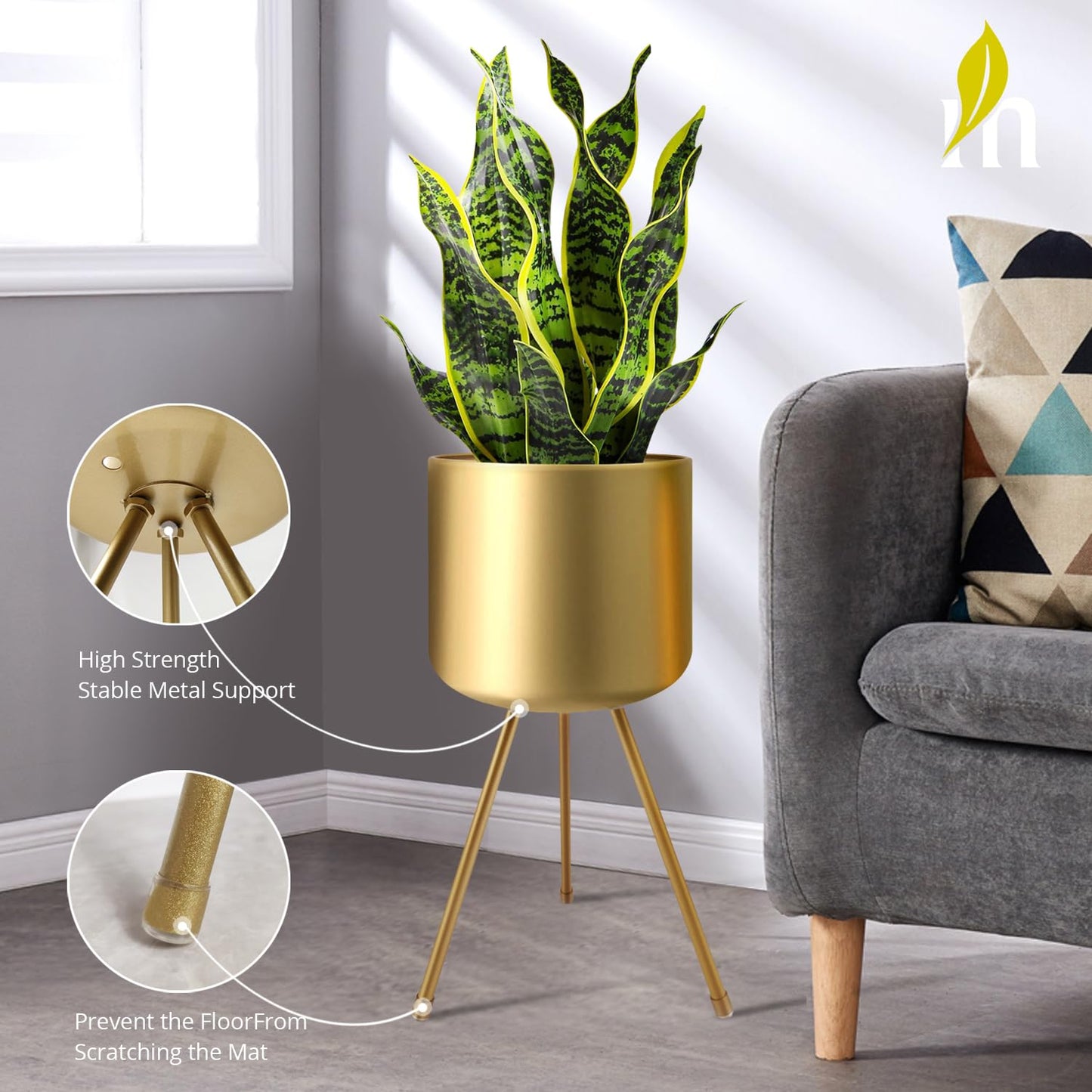 magarz Mid-Century Metal Flowerpot with Stands, Stylish Modern Floor-Standing Flowerpot,Suitable for Orchid, Aloe Indoor Outdoor Decoration 10'' Wide 20'' high (Large, Gold)