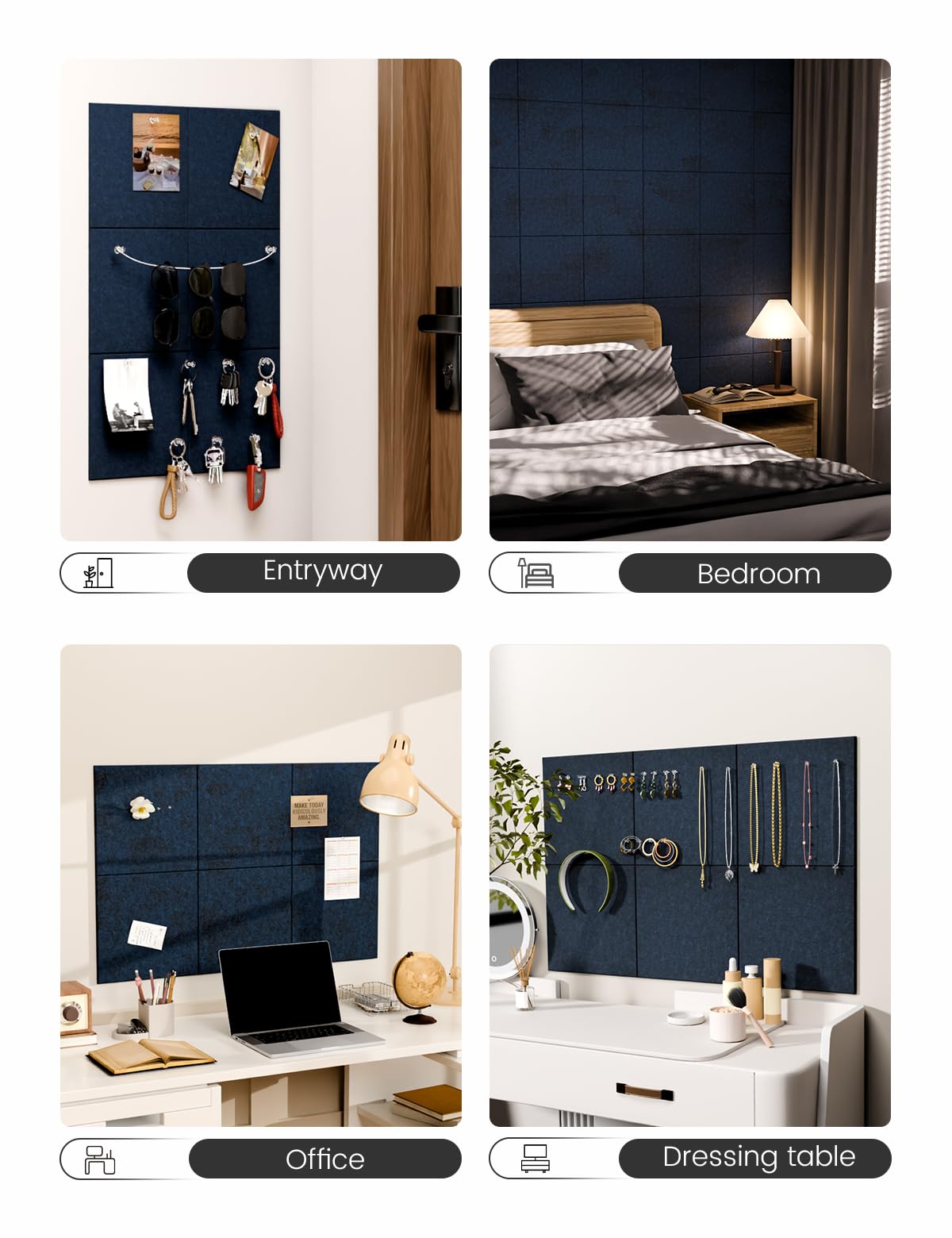 Felt Bulletin Board Tiles -28"x18" Cork Board Alternative for Office Decor, Push Pin Board Wall Organizer 6-Pack - Carbon Blue