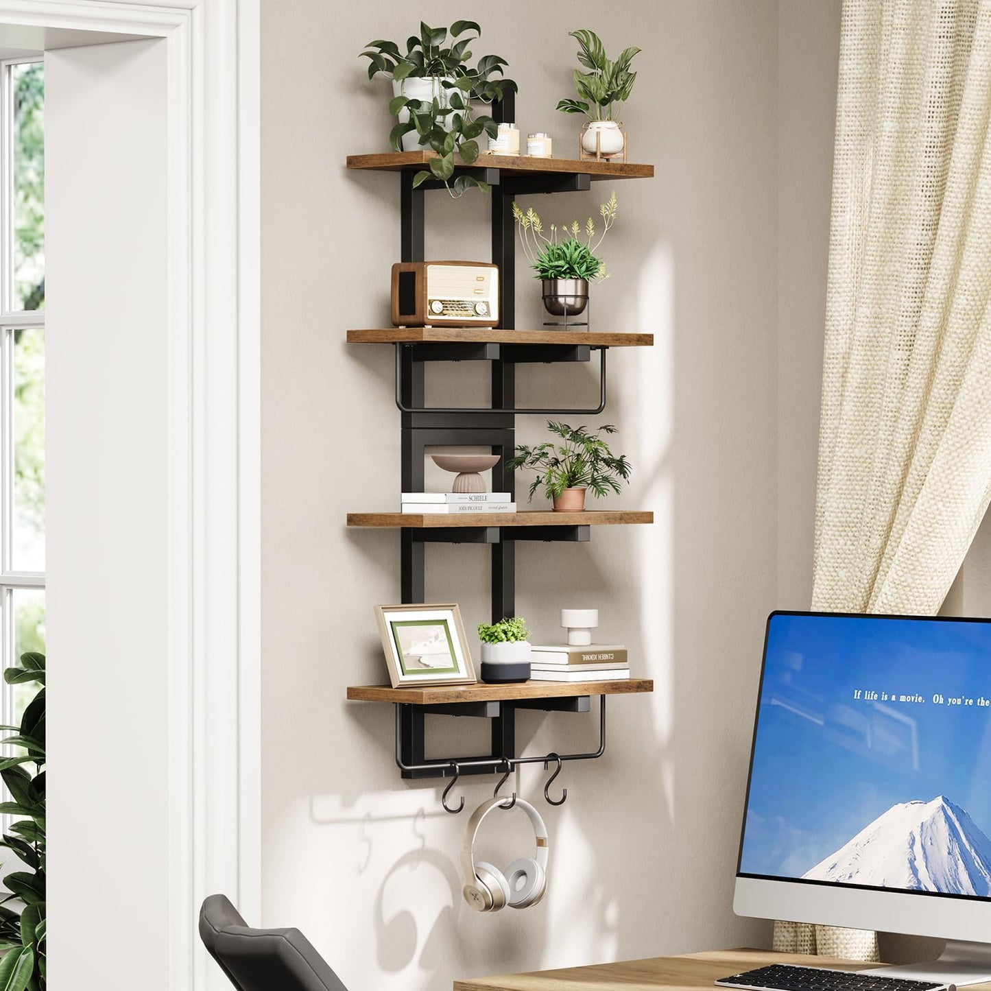 Creso hom Floating Shelves for Wall Set of 2, Wood Wall Shelf with 6 Hooks, 2 Tier Hanging Decorative Storage Shelves for Living Room Bedroom Bathroom Kitchen Office Coffee Bar, Rustic Brown