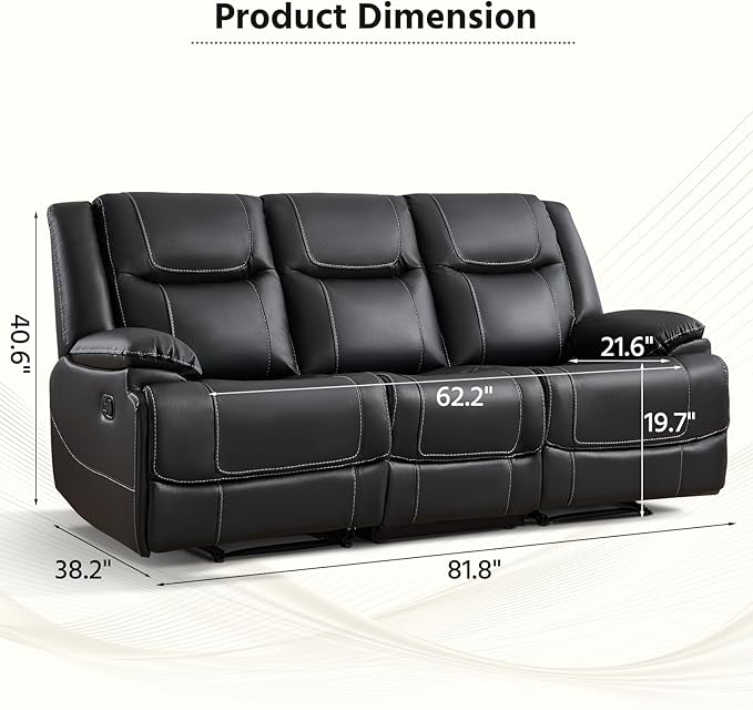 ANJ Premium Genuine Leather Manual Reclining Sofa Couch, Overstuffed 3-Seater