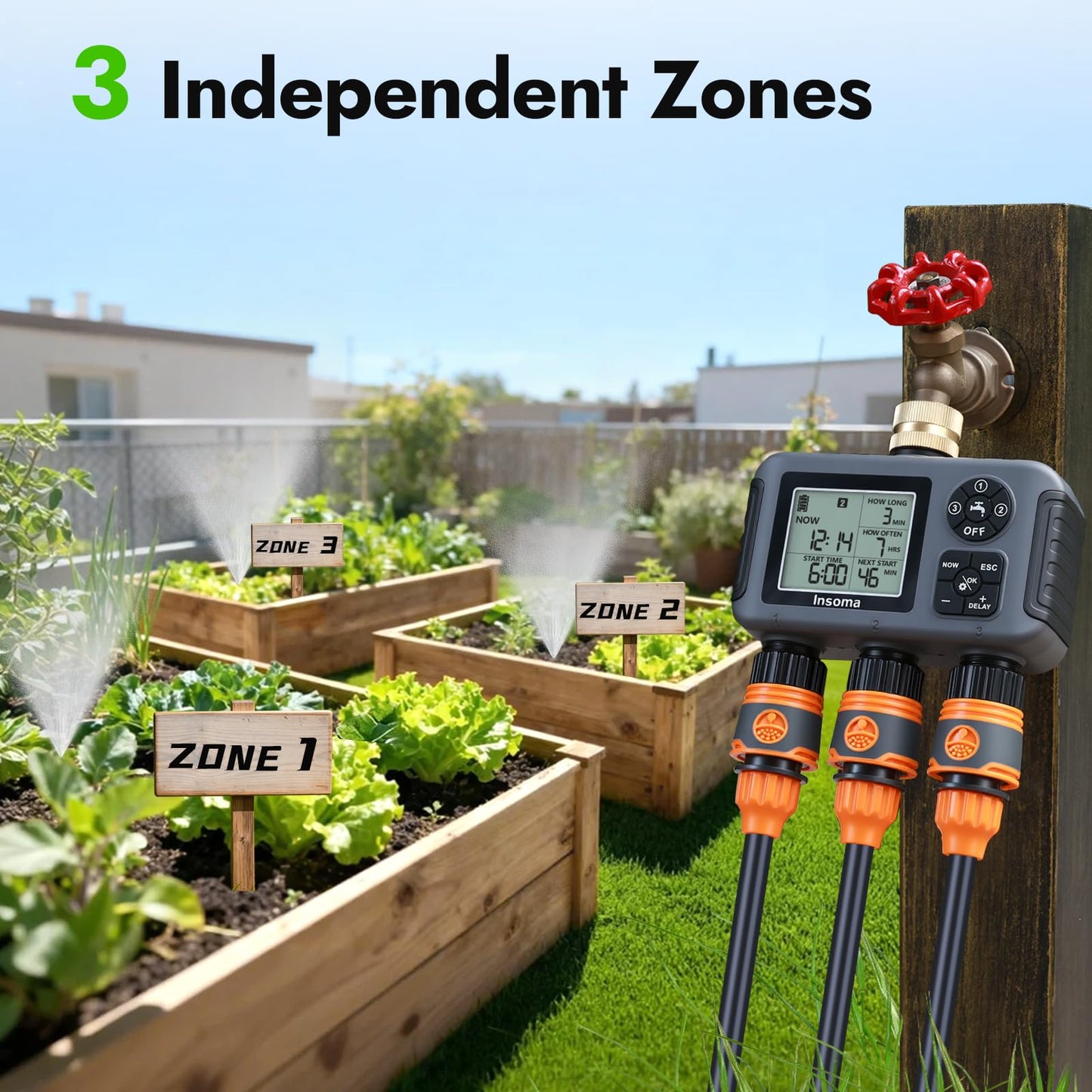 Insoma Water Timer with Brass Inlet, 3 Independent Zones Outdoor Hose Timer for Garden Faucet with Auto/Manual/Rain Delay Mode, IPX5 Waterproof, Sprinkler Irrigation Controller for Yard Lawn