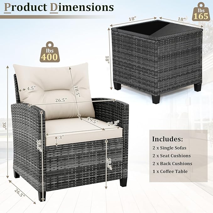 HAPPYGRILL 3 Pieces Patio Conversation Set PE Rattan Outdoor Furniture Sofa Set