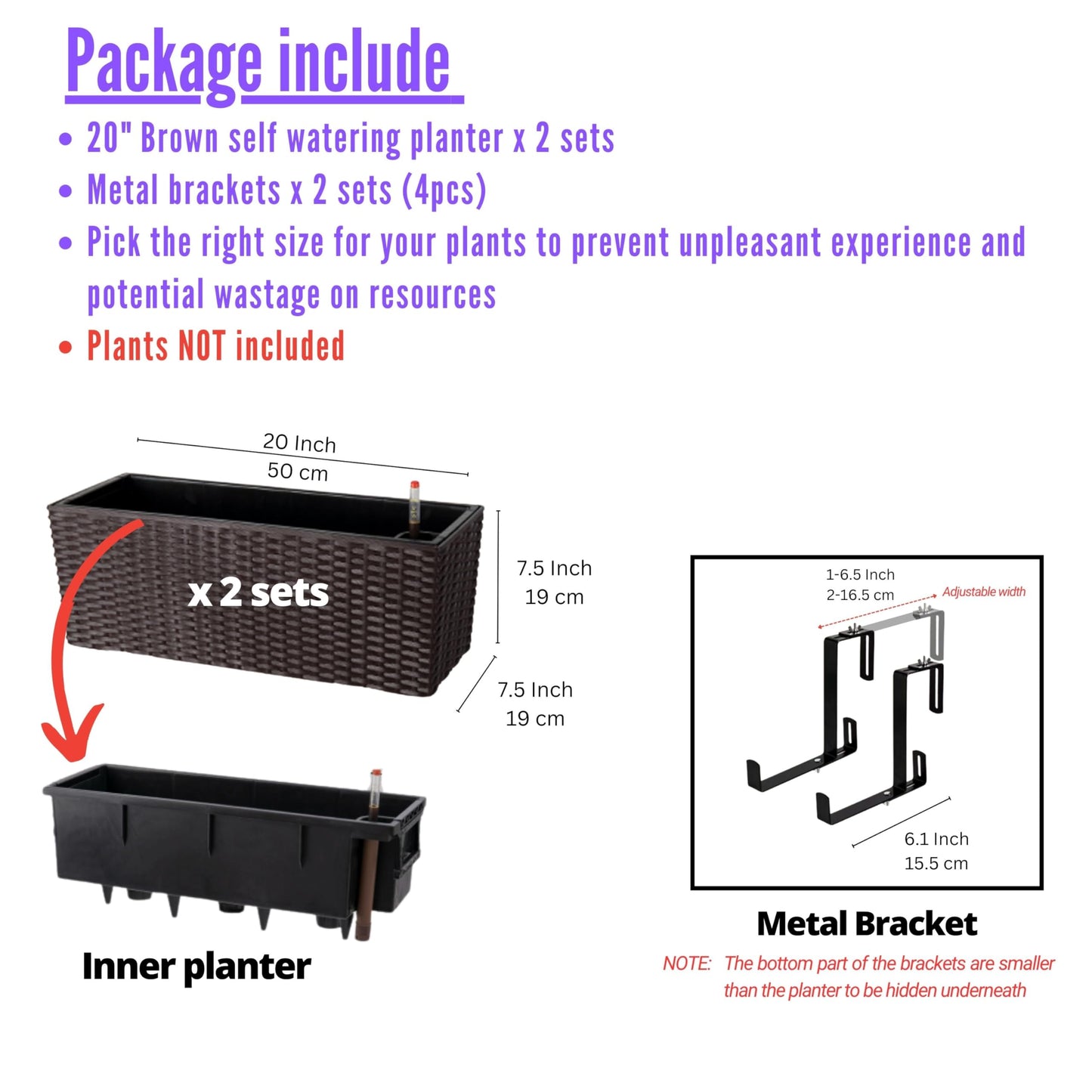 LaLaGreen Outdoor Rail Planter for Balcony (20 Inch, 2 Pack) Large Black Self Watering Railing Planters with Brackets, Rectangular Plastic Window Flower Box Fence Designer Choice with Rattan Pattern