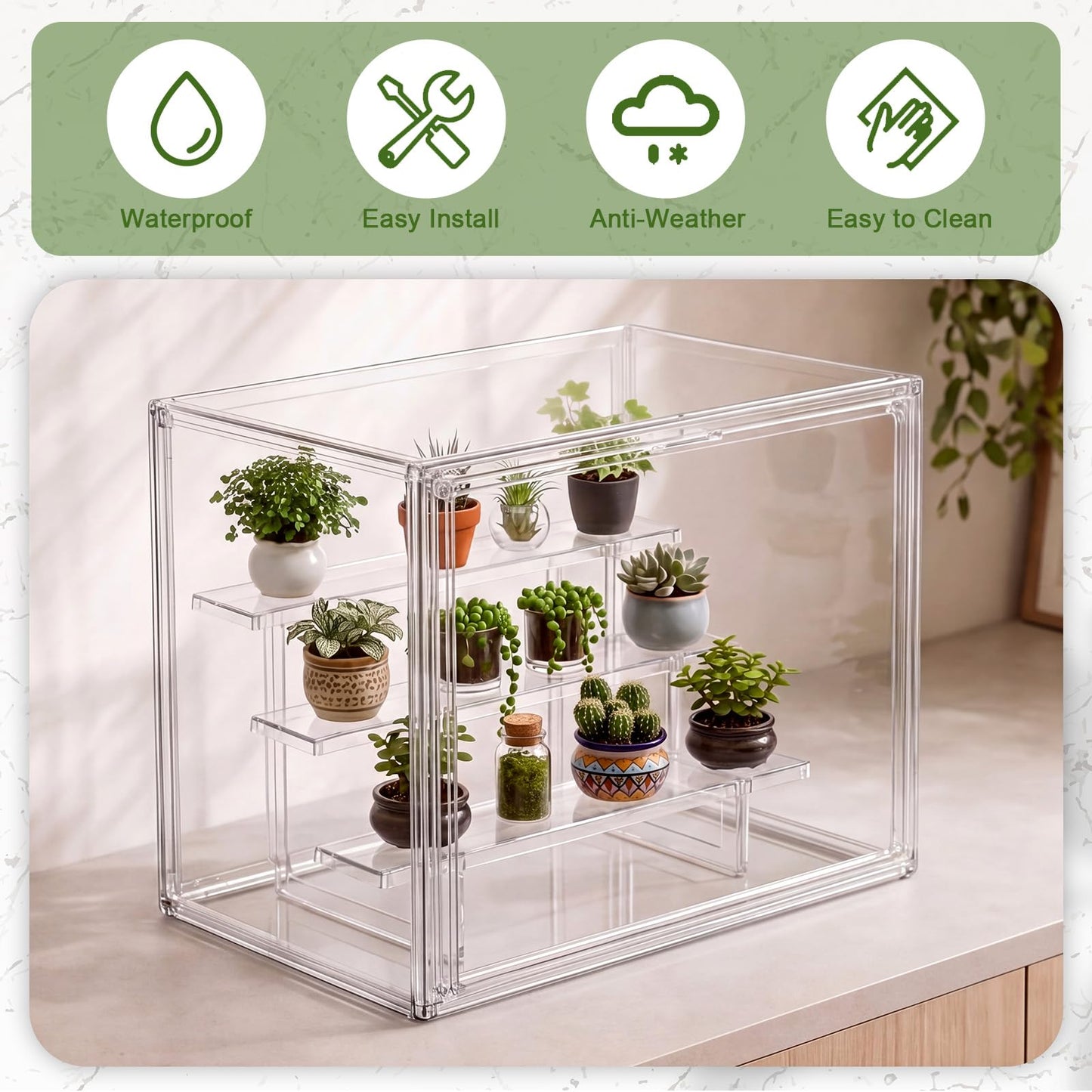 Novabright Mini Greenhouse Indoor, Clear Portable Tabletop Green House with Magnetic Door and 3-Layer Stand for Seed Starting, Plant Grow Warmer and Home Gardening Display, 14.1 x 10.6 x 9 in