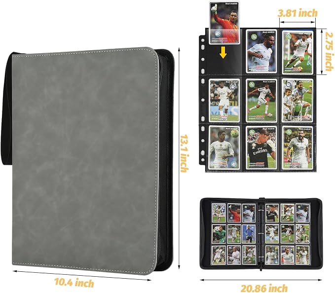 GERMUN 3 Ring 9 Pocket Zipper Card Binder, 720 Double Sided Standard PU Trading Card Album Folder for TCG & Sports Cards, Not Fit Top Loaders (Marble Grey)