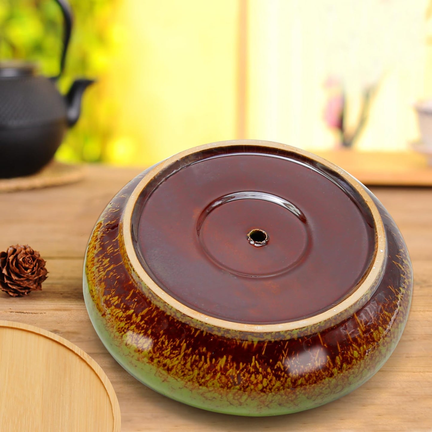 LIDSCURA 7.4 inch Ceramic Bonsai Pots with Trays Shallow Planters, Succulent Planters with Drainage Hole, Round Large Shallow Pots, Bonsai Pots Garden Decorative Cactus Stand Flower Container (Green)