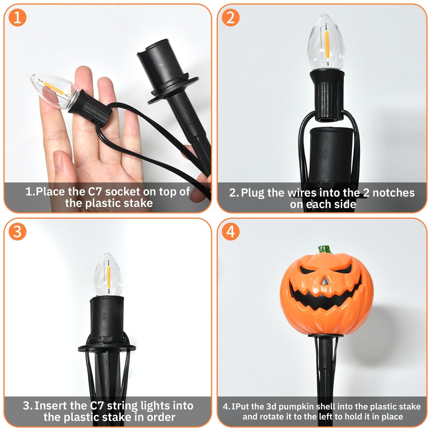 Halloween Decorations Outside - 7Ft LED Pumpkin Pathway Lights Plug in with 4 Pack LED Pumpkin Stake Lights Waterproof, for Halloween Outdoor Path Walkway Yard Lawn Landscape Decor, 0.6W