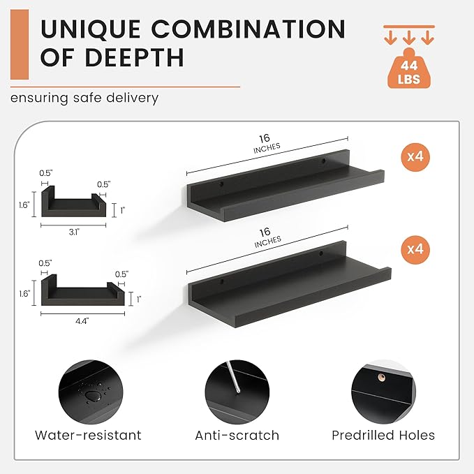 Floating Picture Ledge Shelves Set of 8, 16 Inch Solid Wood Wall Shelves