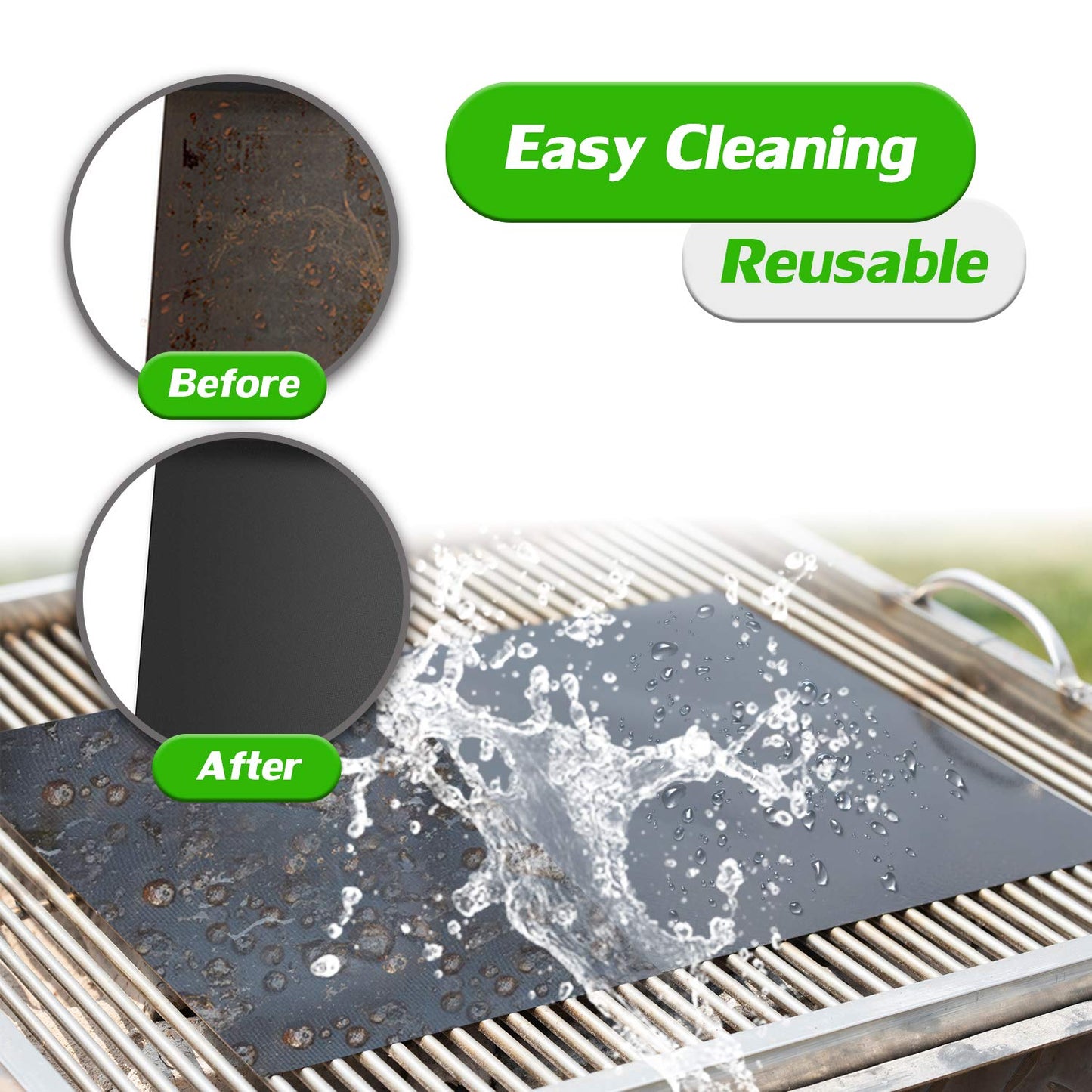 Renook Grill Mat Set of 6-100% Non-Stick Reusable Mats for Gas, Charcoal or Electric Grills - Easy to Clean - 15.75 x 13-Inch, Black
