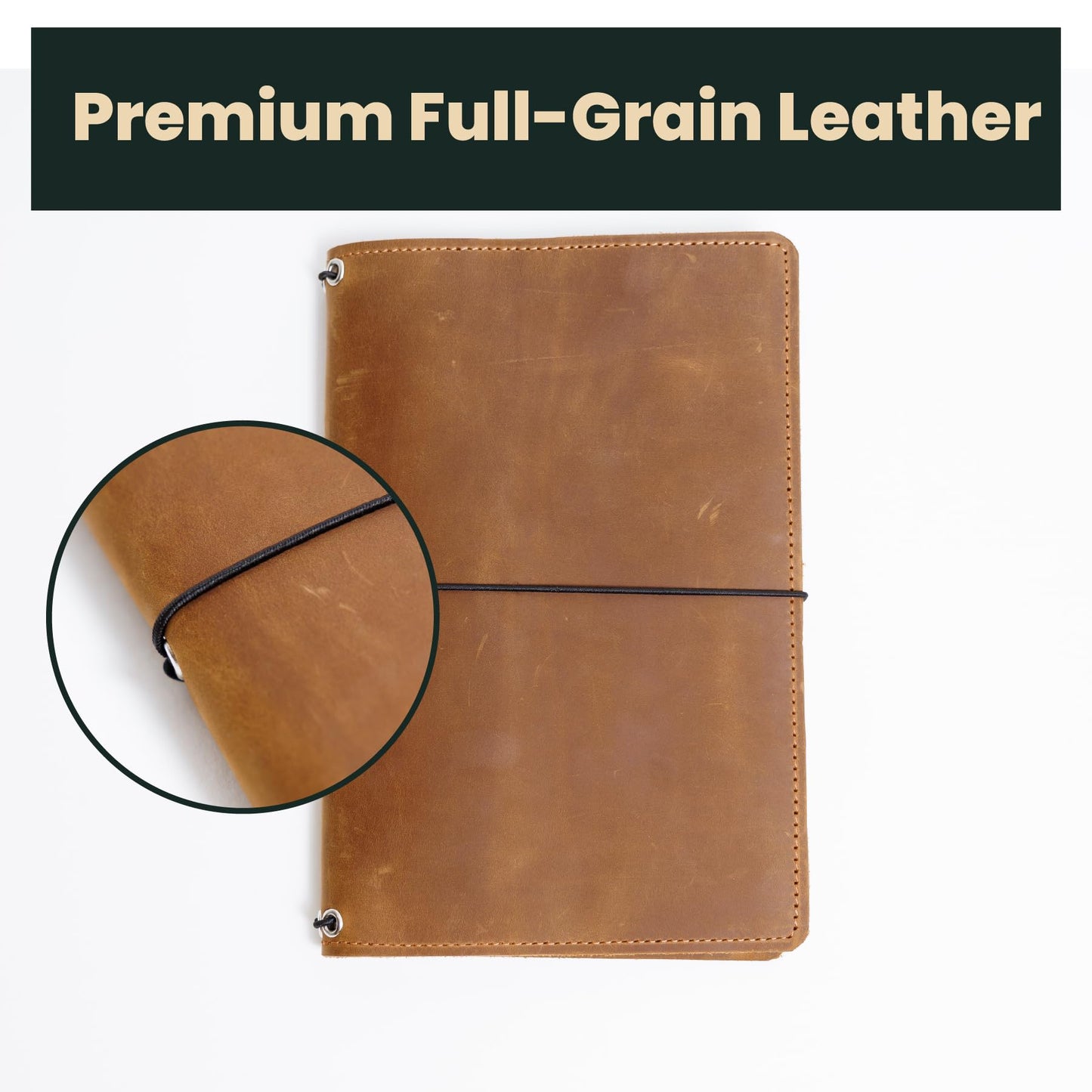 OMBUO Leather Travelers Notebook A5 – Full Grain Handmade Notebook Cover with Card Slots, Pen Loop & Elastic Bands – Refillable Planner for Work, Study & Travel (Notebook Not Included), Caramel Brown