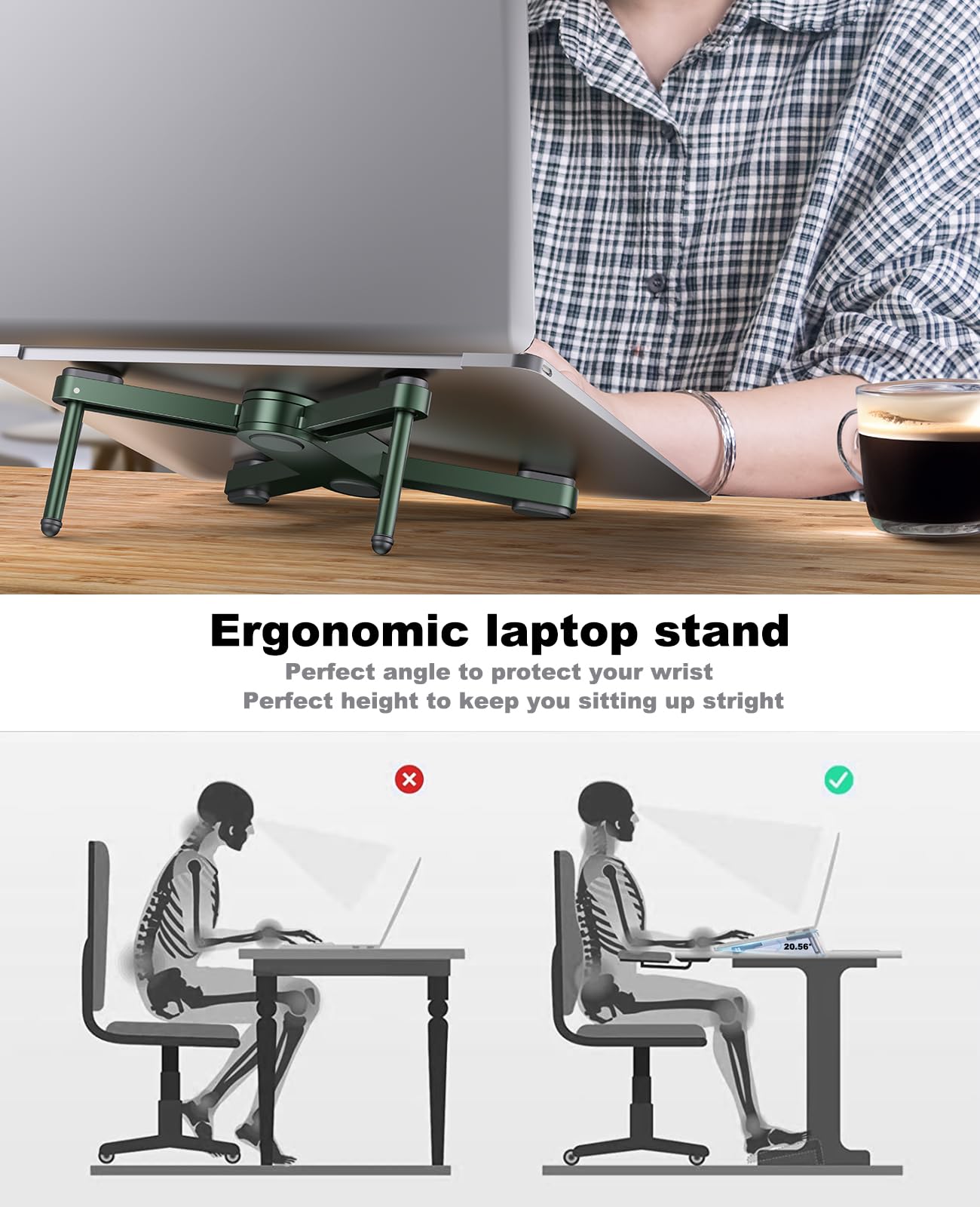 YICOSUN New Concept Laptop Stand - Adjustable Ergonomic Aluminum Riser for MacBook Pro/Air up to 15.6” - Foldable & Portable Computer Stand for Desk, Students, Office, Travel, Gaming - Green