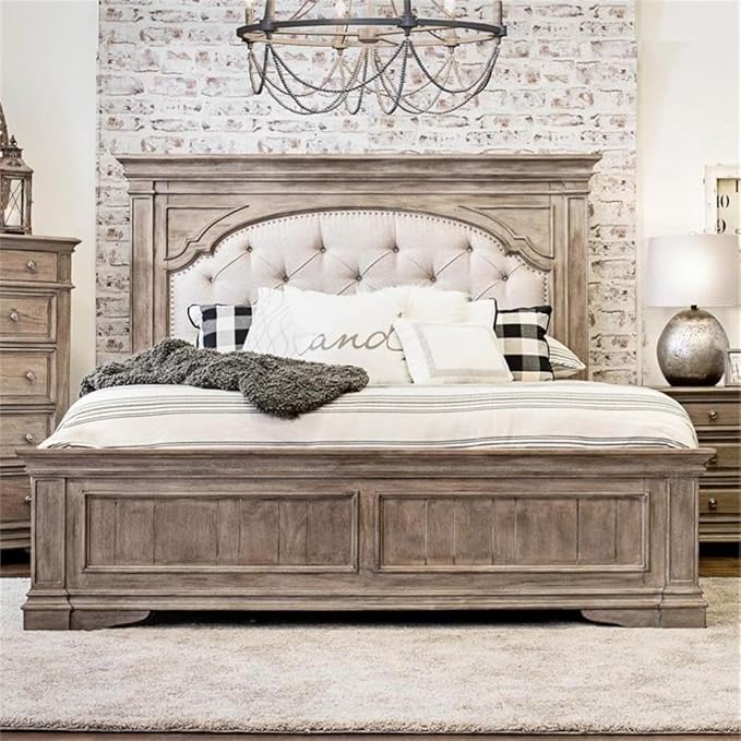 Pemberly Row King Panel Bed, Driftwood Gray Wood Frame, Upholstered Button