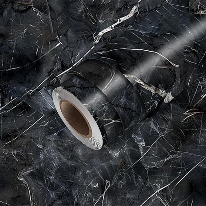 HOMETITUTE Black Marble Wallpaper Peel and Stick Dark Stone Pattern 118.1x17.7
