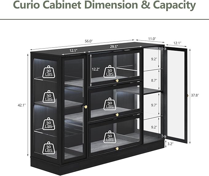 Display Cabinet with Acrylic Glass Doors, Extra Wide Curio Cabinet with LED