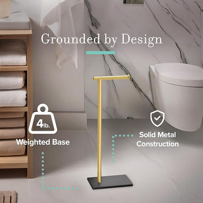 Gatco 1431MXB Modern Rectangle Base Freestanding Toilet Paper Holder, Matte Black/Brushed Brass, Weighted Base, 21.25" Bathroom Tissue Stand