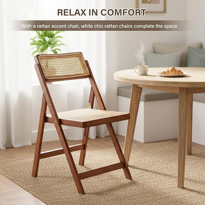 Furlide Rattan Folding Chairs, Modern Mid Century Dining Chairs Set of 2
