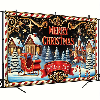 Tomhong Merry Christmas Welcome Sign 71x43inch Large Outdoor Yard Banner forWinter Holiday Party Porch Decoration Festive Xmas Scene with Sleigh Horse Candy Cane andSnowy Village