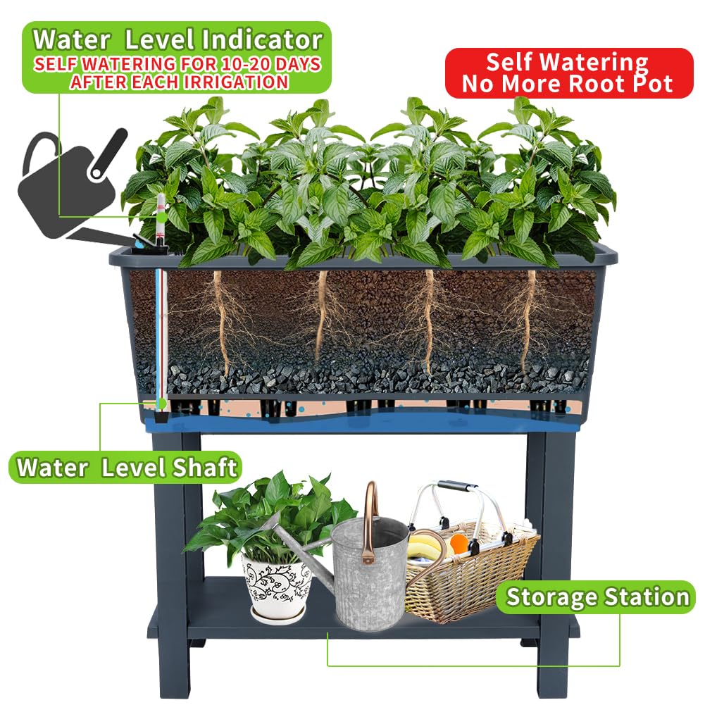 Megawodar 3 Pcs Self Watering Elevated Raised Garden Bed, Large Outdoor Plastic Planter Box Big Flower Plant Pot for Planting Flowers Vegetables and Herbs (3, Dark Grey)