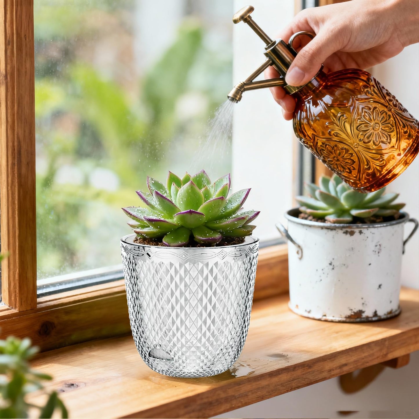 QCQHDU 2 Pack Self Watering Pots, 7.2 Inch Flower Pots with Drainage Holes and Water Filling Port, Plastic Garden Planter for Indoor Outdoor Plants (Clear)