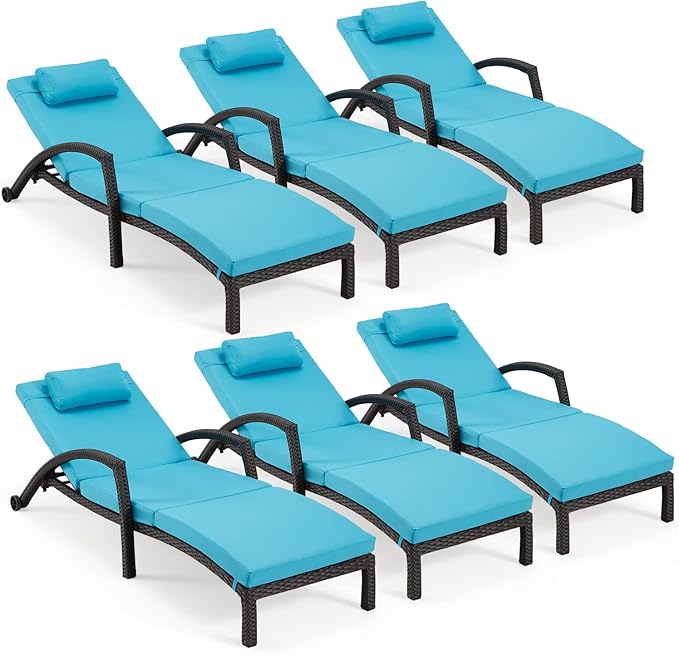 HOMREST Chaise Lounge Chairs Set of 6, PE Rattan Wicker Lounge Chair